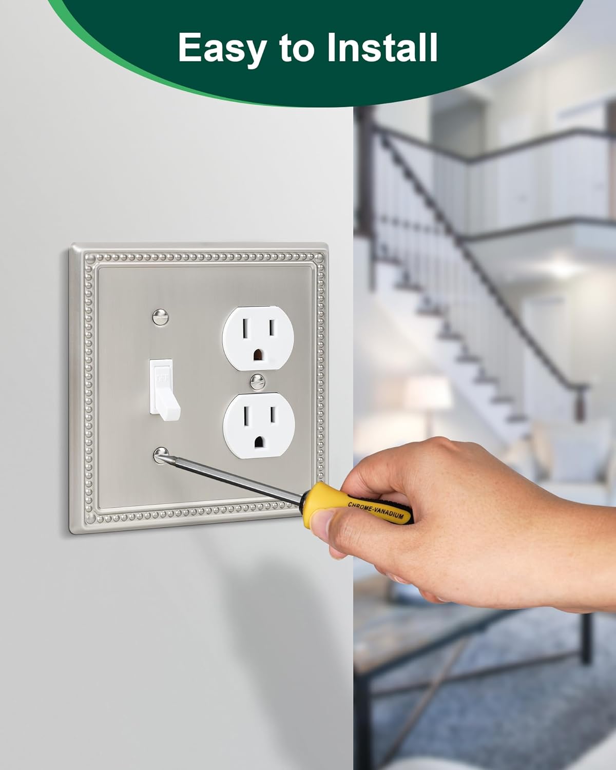 2-Pack Combo Toggle/Duplex Light Switch Cover Plate, Brushed Nickel Metal Wall Outlet Cover, Decorative Classic Beaded Wall Plate