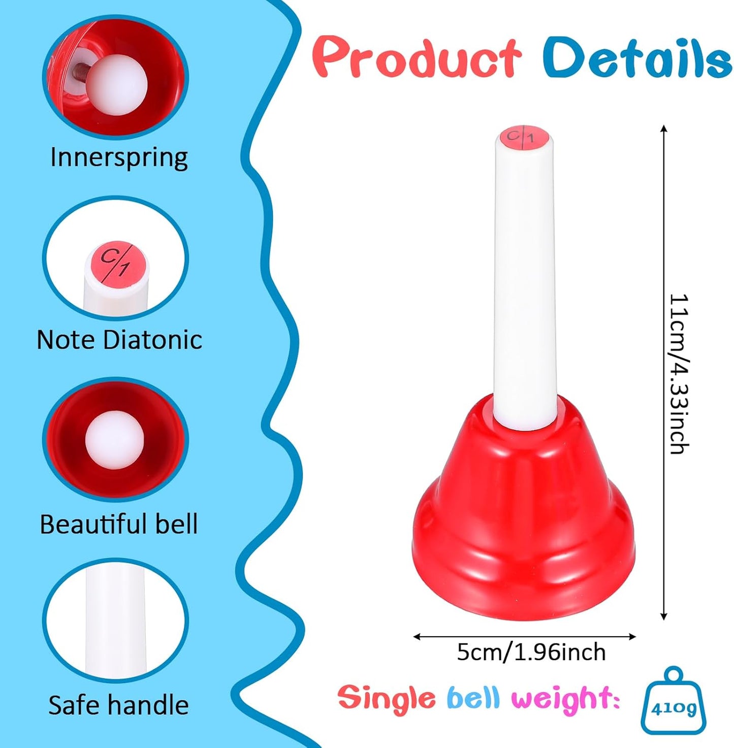 8 Notes Hand Bells, Musical Hand Bell Set with Colorful Design, 8 Pack Colorful Handbells, Durable Iron Bells for Kids Adults, School, Church Choir (4.3 Inch)