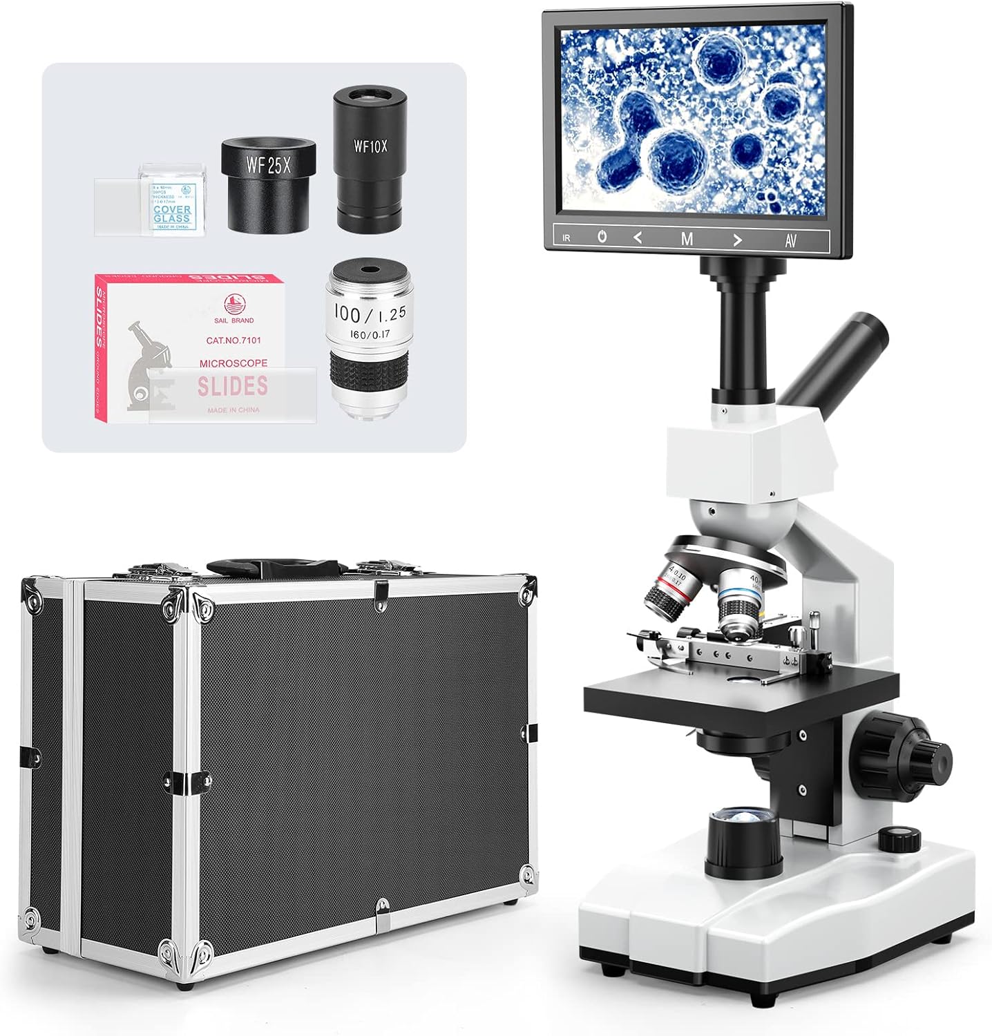 [Blood Version] Vabiooth Dual-View Compound Monocular Microscope 40X-2500X Magnification with 7" LCD Screen 5MP E-Eyepiece, Adjustable Mechanical Stage, Aluminum Carry Box for observing Live Blood