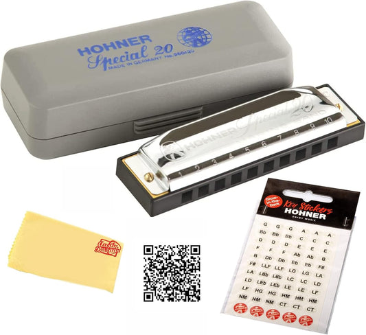 Hohner 560 Special 20 Harmonica - Key of F Sharp Bundle with Carrying Case, Key Stickers, Harmonica Beginner Online Manual, and Austin Bazaar Polishing Cloth