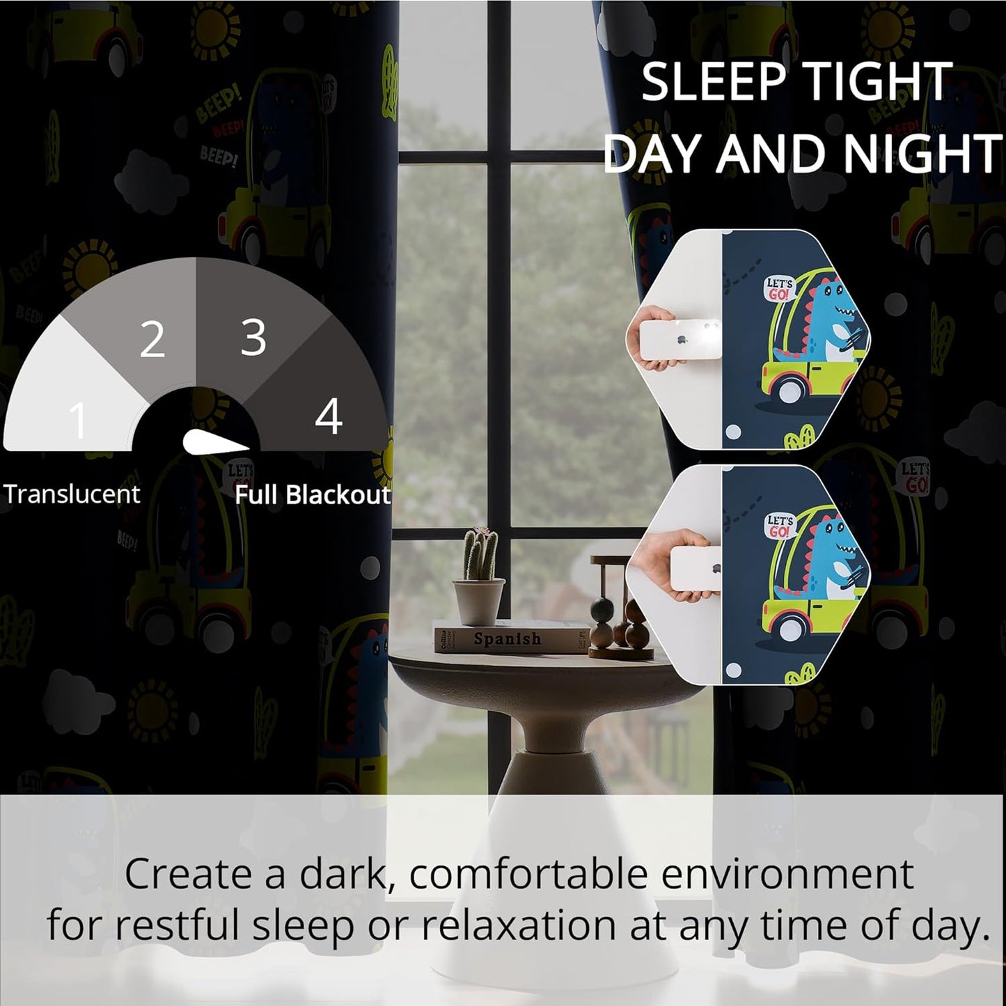 Kids Dinosaur Blackout Curtains - 2 Panels, Each W52*L96 with 100% Blackout, Thermal Insulated, and Noise Reducing, Perfect for Kids Room, Bedroom, Nursery