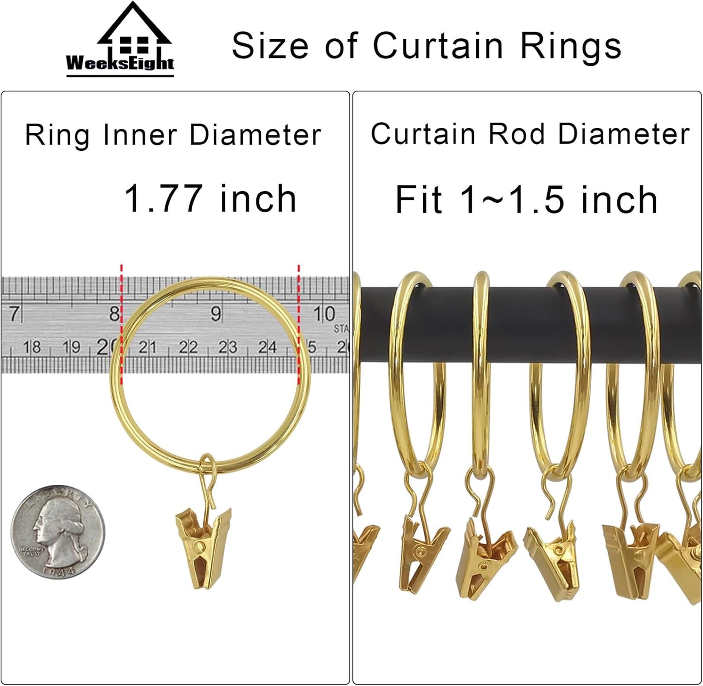 40 Pack Gold Curtain Rings with Clips, Curtain Hooks Hangers Clip Rings for Hanging Drapes Bows Hat, Drapery Rings 1.77 in I D, Fits up to 1.5 in Diameter Curtain Rod.