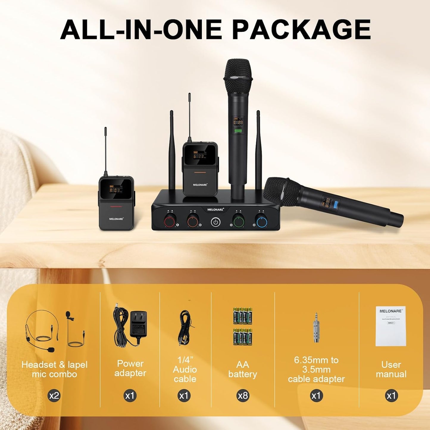 4-Channel Wireless Microphone System,UHF Cordless Mic Set w/ 4x10 Frequencies, 200ft, 2 Handheld Dynamic Mics, 2 Bodypacks & Headset/Lapel Microphones for Singing, Karaoke, DJ (MWM-41-2H2B)