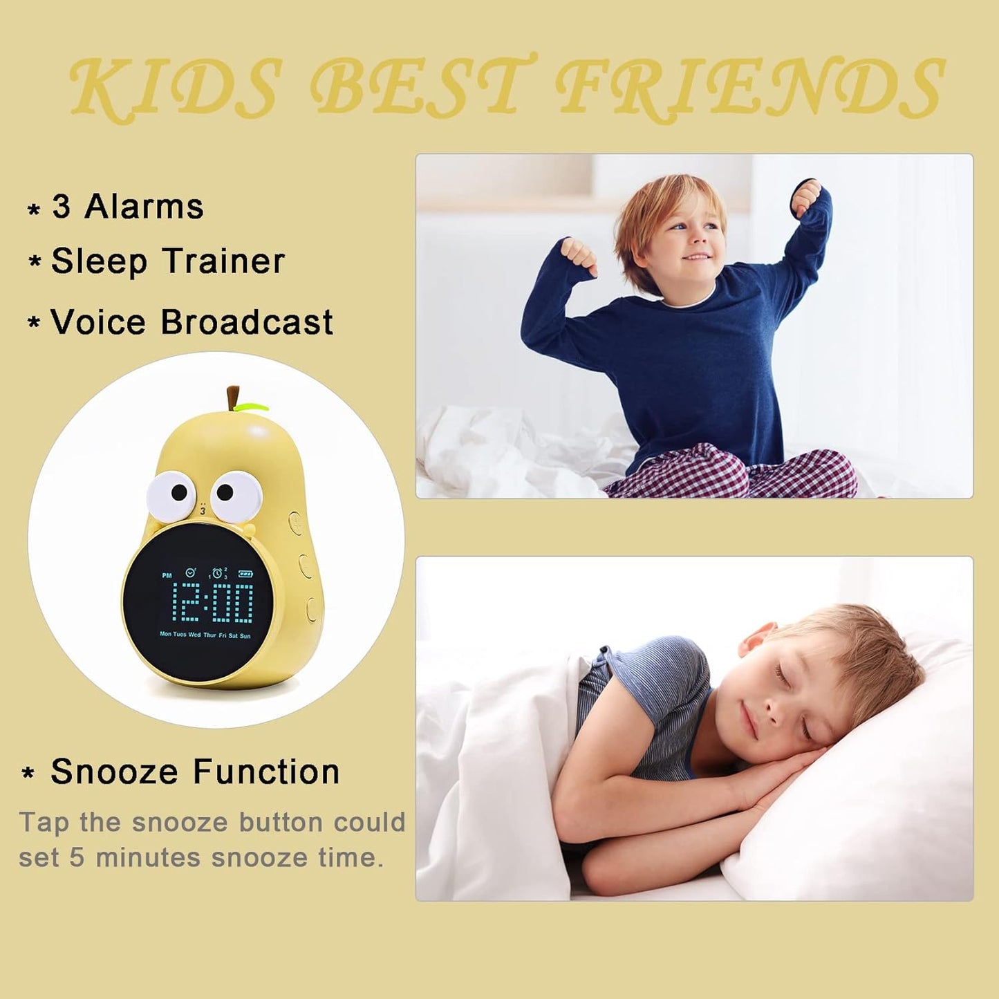 Kids Alarm Clock for Girls Pear Alarm Clock with Snooze Toddler Sleep Training Clock for Bedroom Home Office(Yellow)