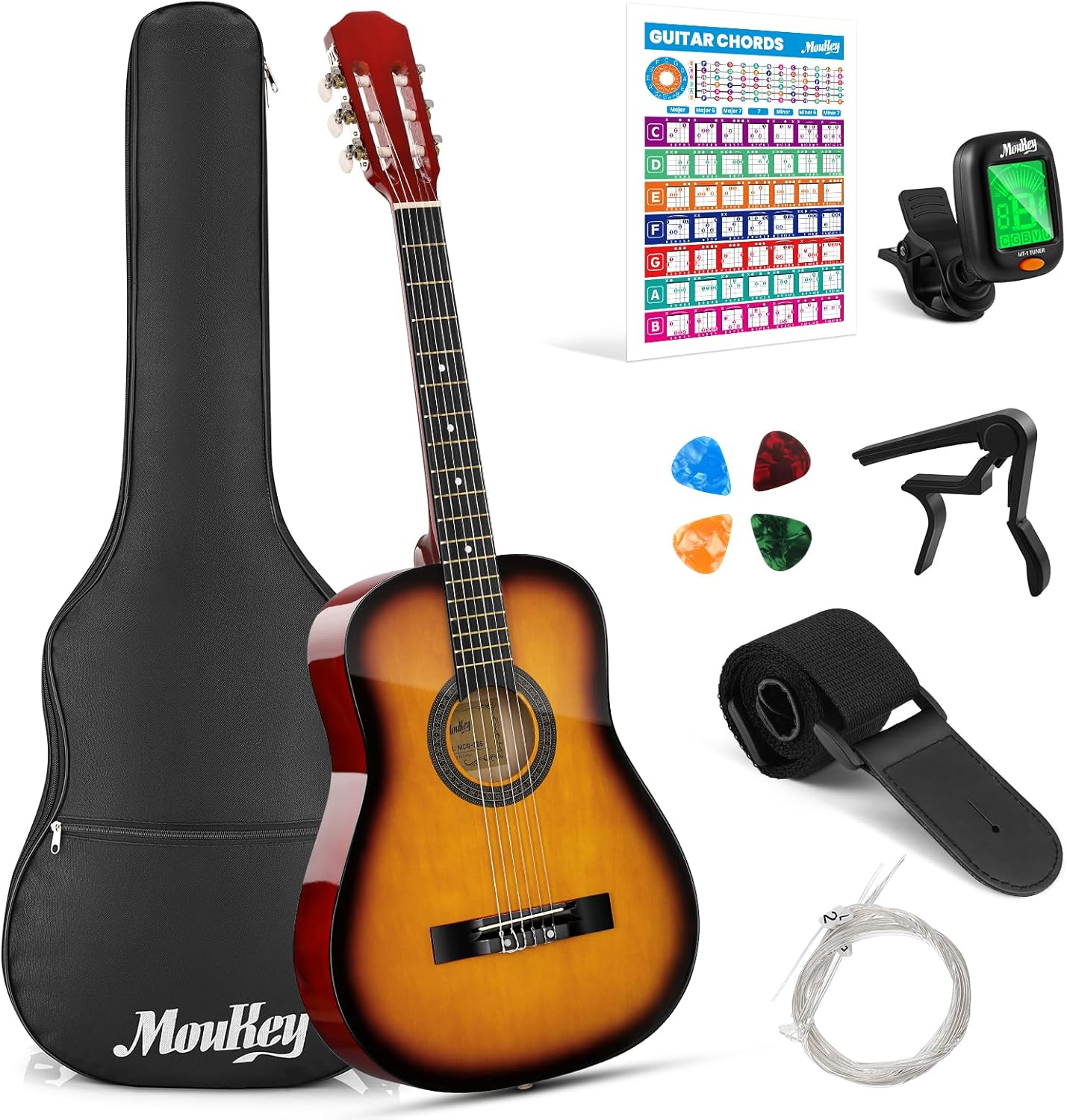 Moukey 38" Acoustic Guitar for Beginners Kids Youth Adult Dreadnought Guitarra Acustica Kit with Chord Poster, Gig Bag, Tuner, Picks, Nylon Strings, Capo, Strap - Sunburst