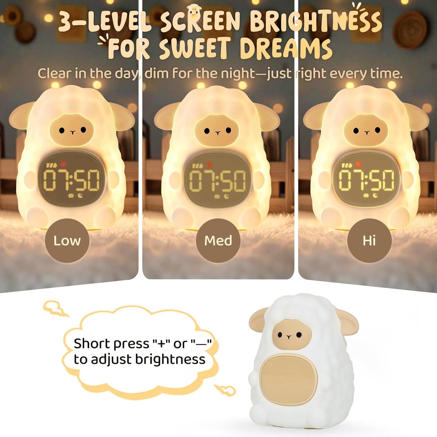 Sheep Alarm Clock with Night Light for Kids with Sleep Training and Sound Machine, Rechargeable Silicone Lamp OK to Wake Clock，Cute Animal Tabletop Lamp, Perfect Sleep Companion for Boys Girls, Khaki