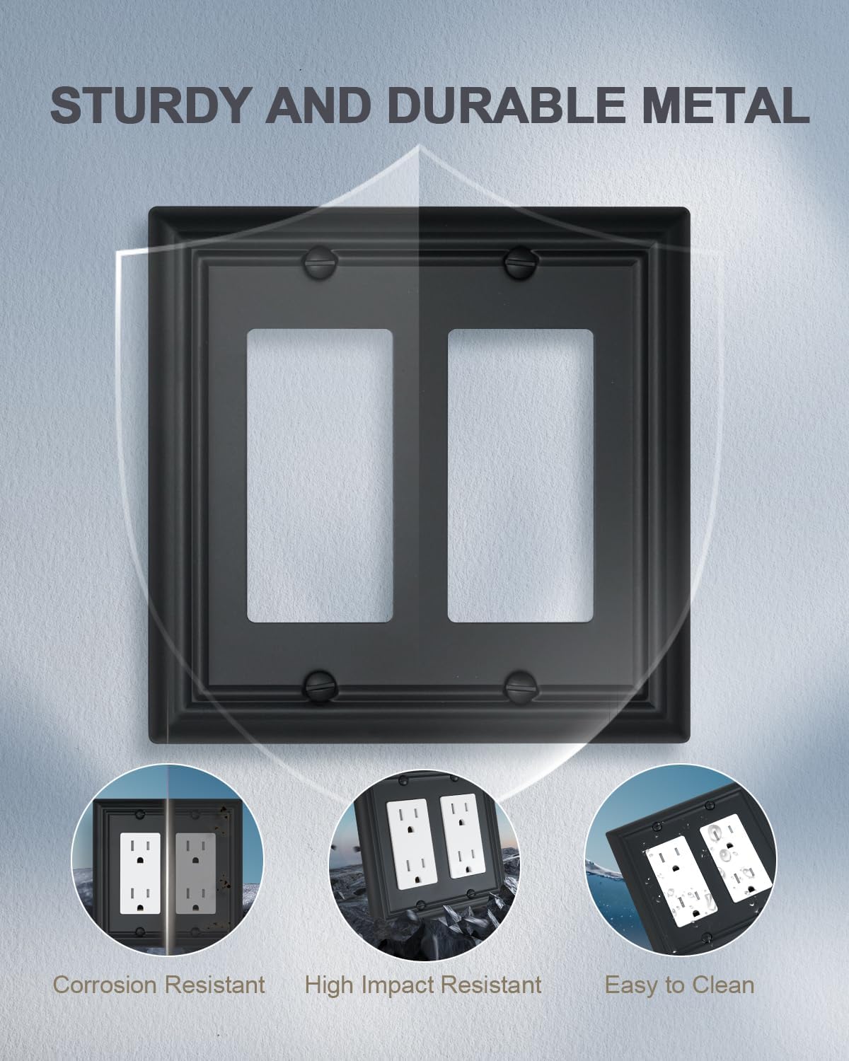 2-Pack Double Decorator Outlet Covers, Decorative Black Wall Plates, Metal Face Plates for Receptacle, GFCI Outlet, Dimmer Switch, 4.96''*4.88'', Midsize