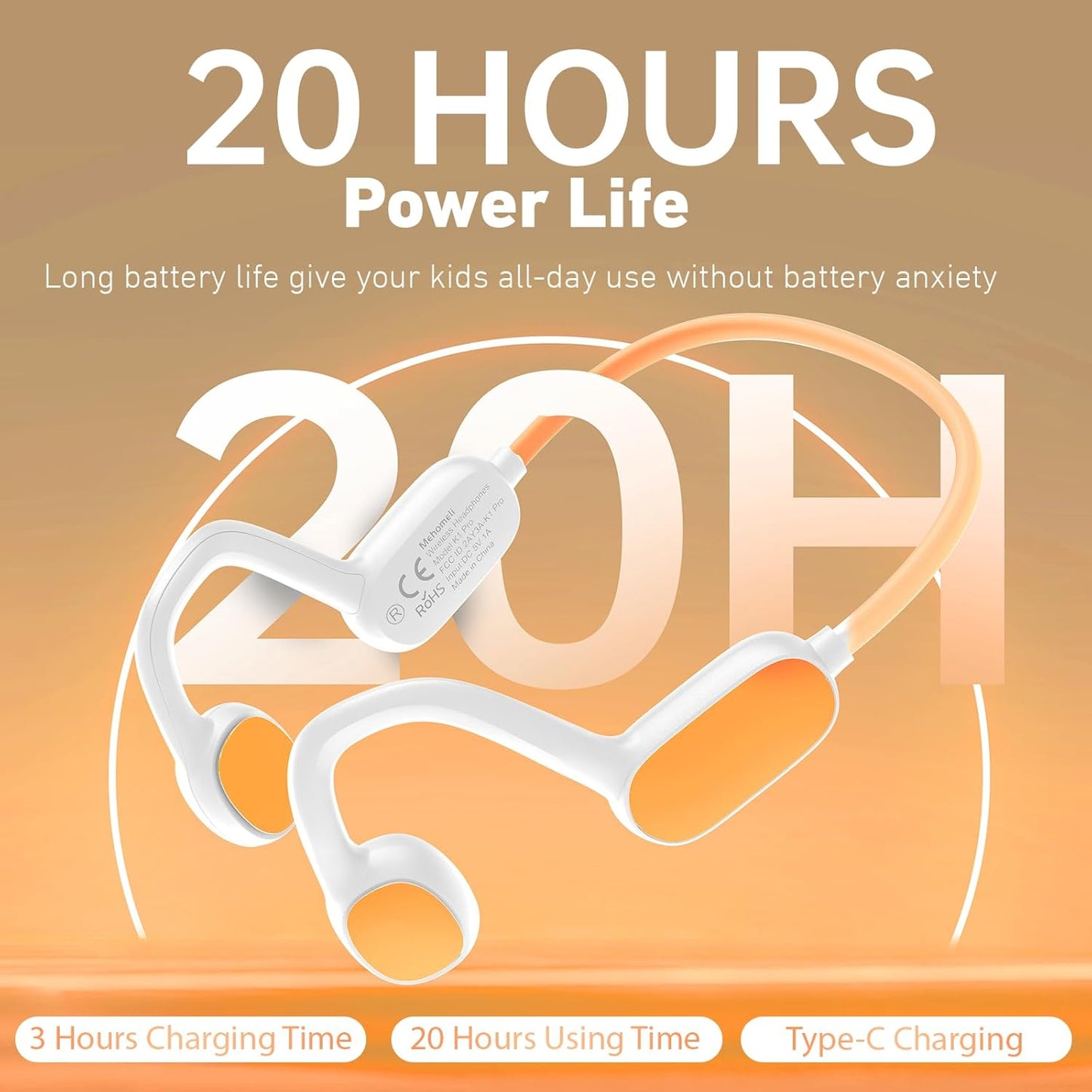 Kids Headphones, Bluetooth 5.2 Air Conduction Open Ear Headphones, 85dB Volume Limiting, Stereo Sound with Mic, IPX5 Waterproof, 20H Playtime, Perfect for School and Outdoor Activities-White