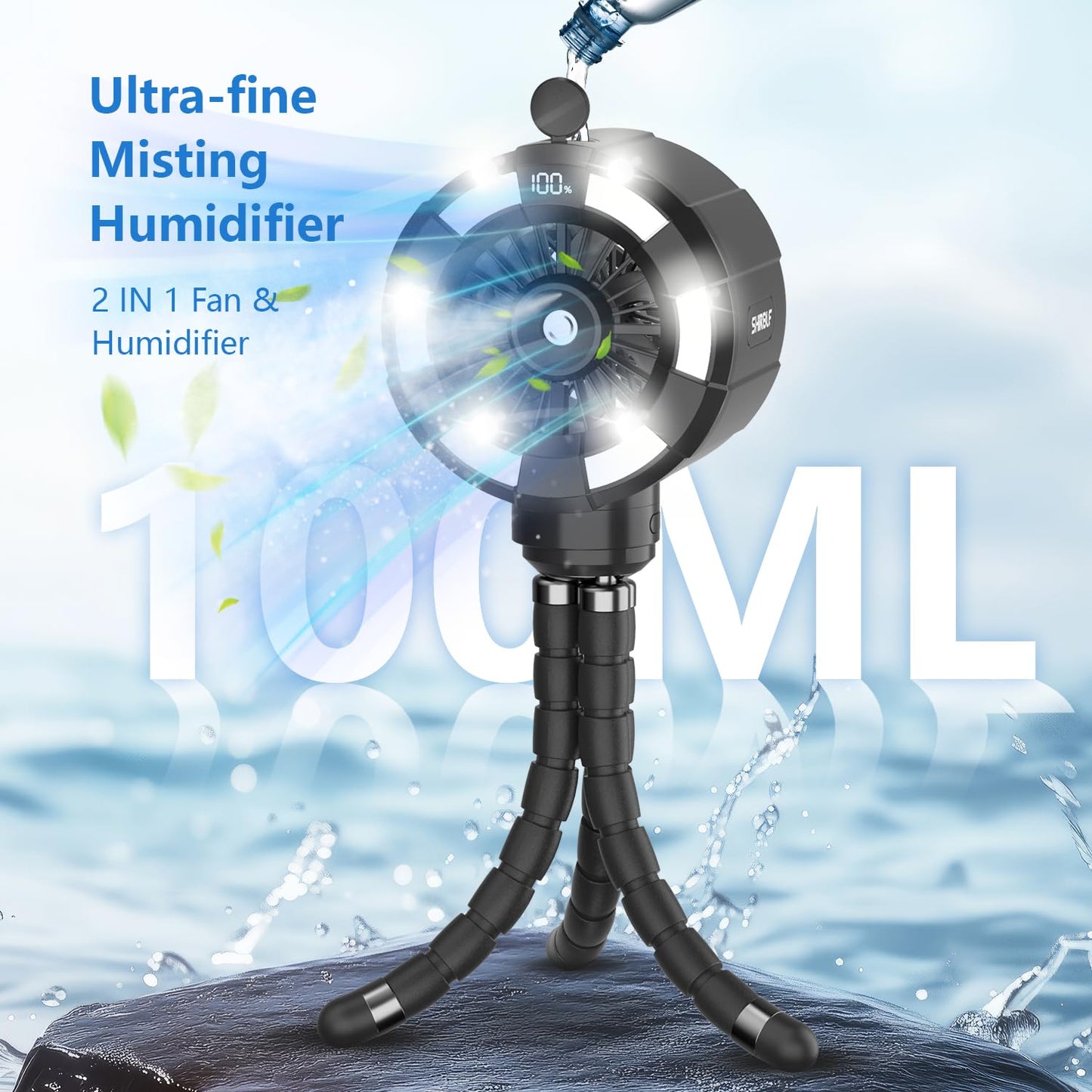 6000mAh Misting Fan for Stroller, 3 Speeds Portable Clip Fan with Intermittent/Continuous Spray, 14H Cooling, Detachable Mount, Timer & Night Light for Baby (100ML Water Tank) - Black