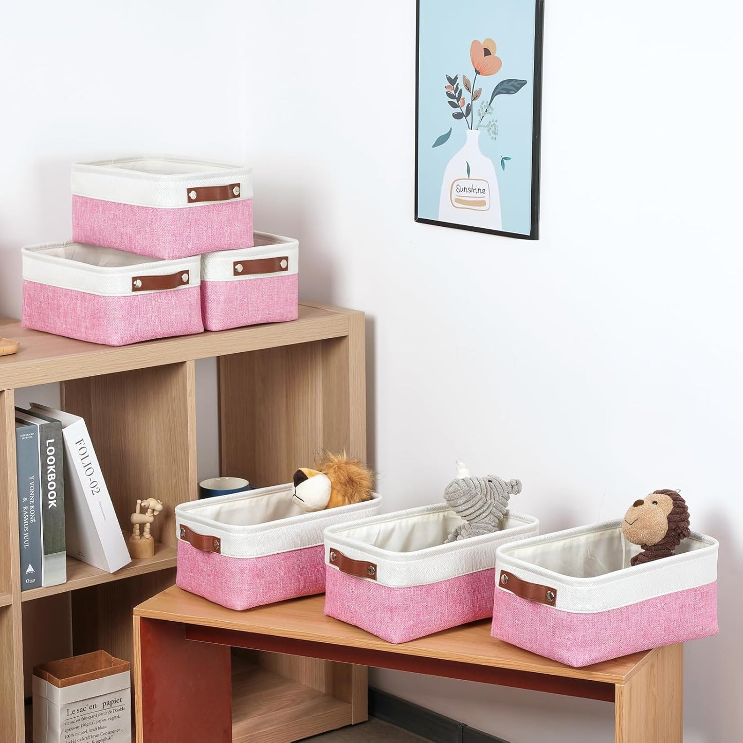 DULLEMELO Small Storage Baskets 6 Pack, Fabric Collapsible Gift Storage Baskets for Shelves, Closets, Nursery, Home, Office Organizing,Small Canvas Linen Rectangular Storage Bins (6-Pack, White&Pink)