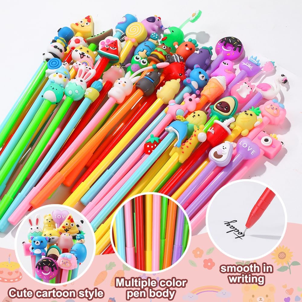 48PCS Cute Cartoon Gel Ink Pens 48 Styles Bulk Novelty Assorted Styles Animal Pens for Kids Fun Writing Students Rewards School Office Home Supplies