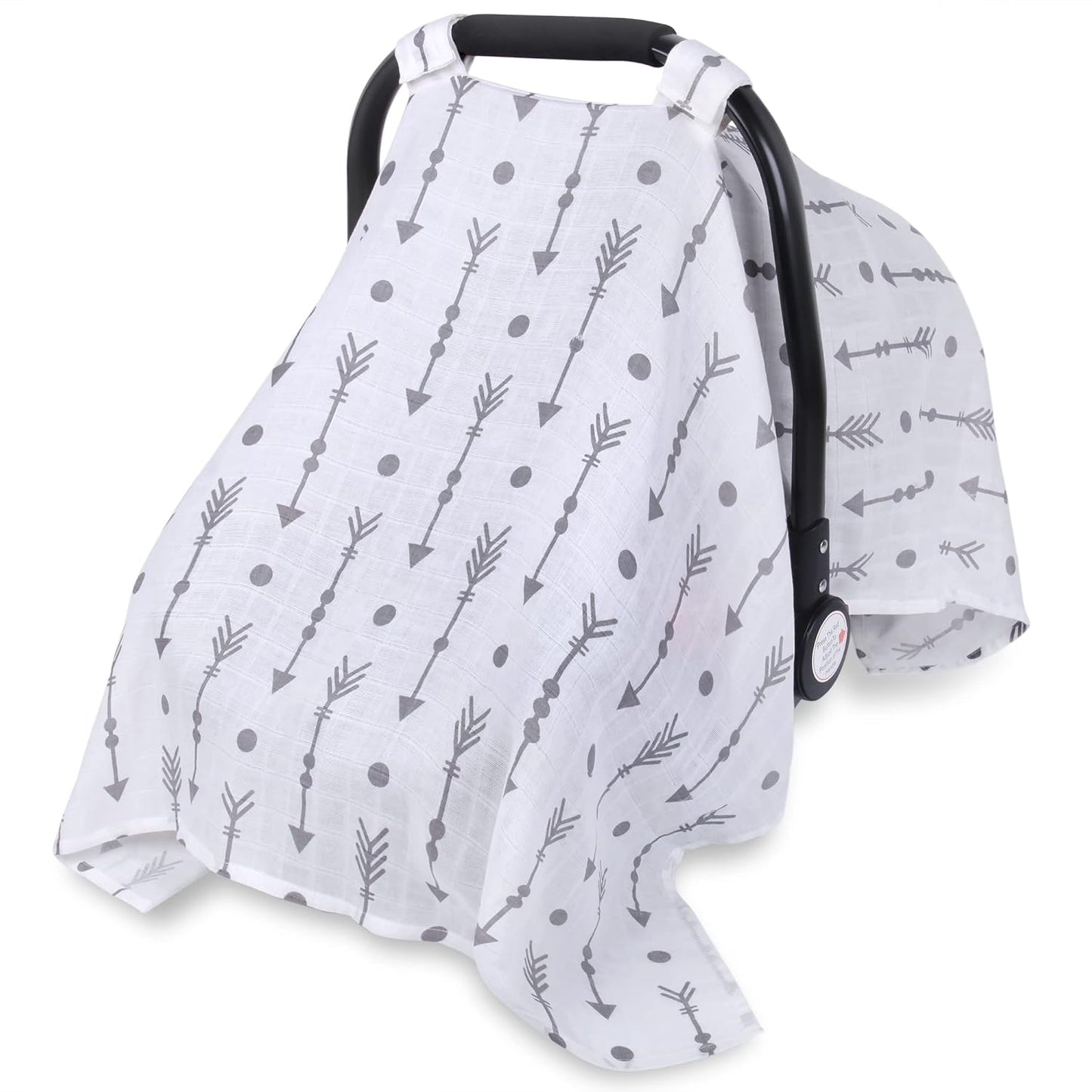 Rquite Car Seat Covers for Babies, 100% Muslin Carseat Cover Boys Girls, Lightweight Infant Car Seat Canopy, Soft Breathable Baby Carrier Cover, Summer Stroller Cover (Grey Arrow)