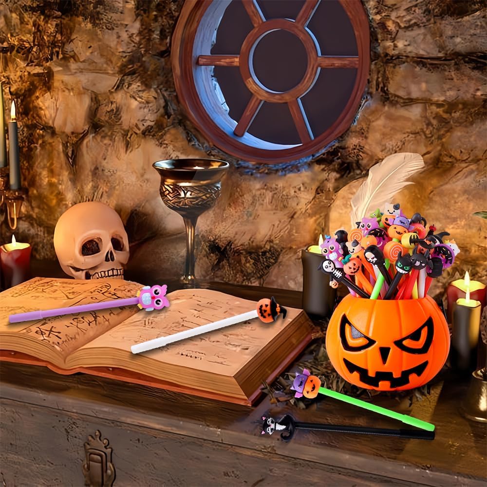 50pcs Halloween Gel Ink Pens,35 Styles Cute Cartoon Halloween Black Ink Pens for Kids Pumpkin Ghost Skull Bat Bulk Novelty Assorted Stationery for School Office Supplies Party Favors