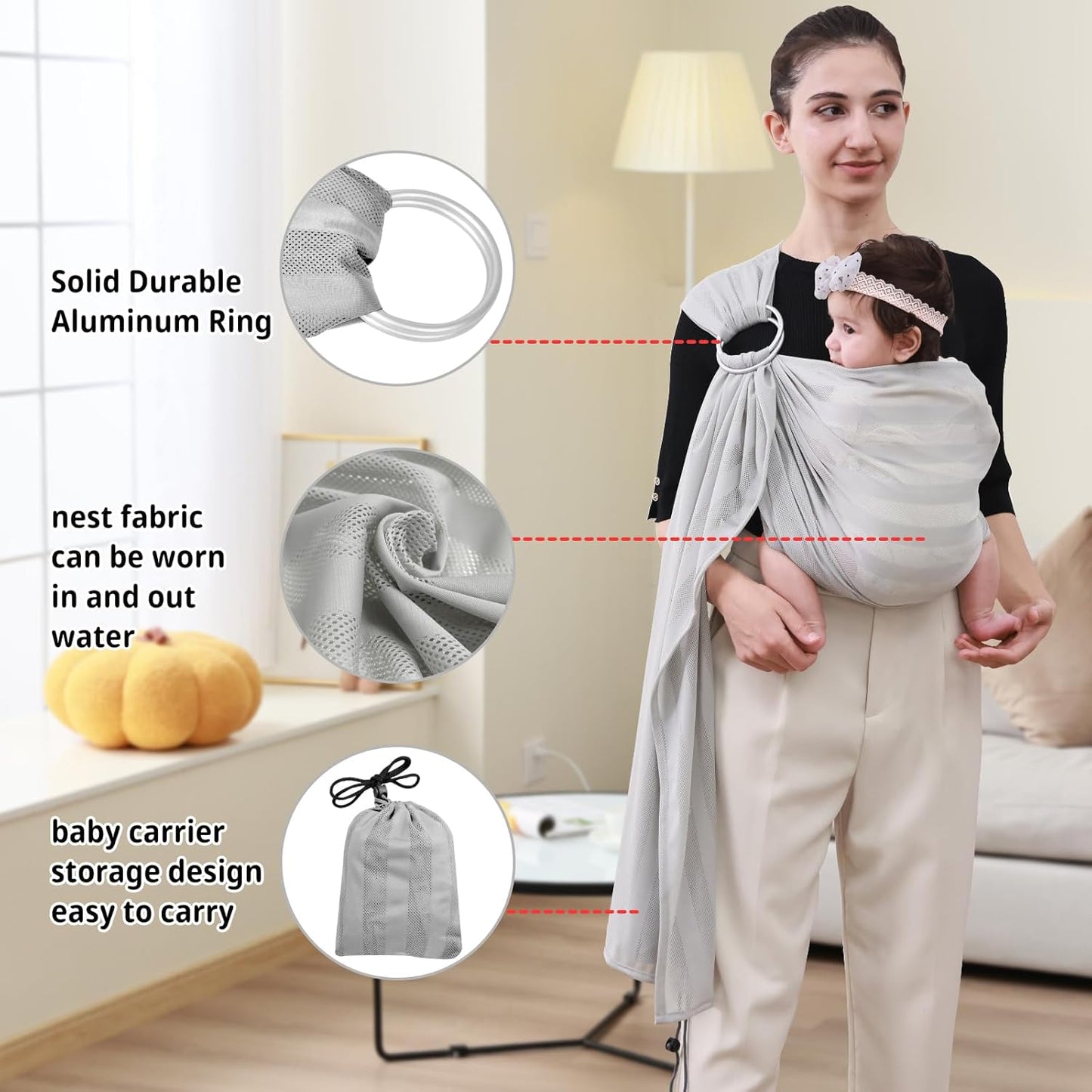 CUBY Water Baby Sling Carrier Lightweight Breathable Mesh Baby Wraps Carrier Adjustable Ring Sling Quick-Drying Baby Carriers Sling for Newborn Toddler Summer Swimming Pool Beach (Light Gray Stripe)