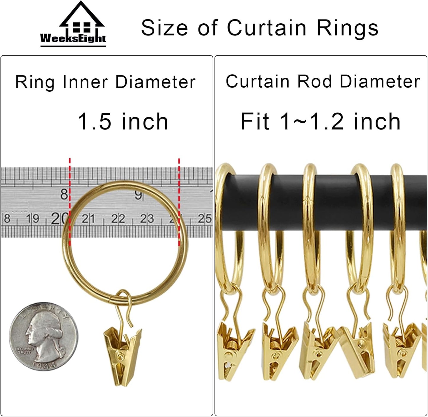 40 Pack Gold Curtain Rings with Clips, Curtain Hooks Hangers Clip Rings for Hanging Drapes Bows Hat, Drapery Rings 1.5 in I D, Fits up to 1.2 in Diameter Curtain Rod.