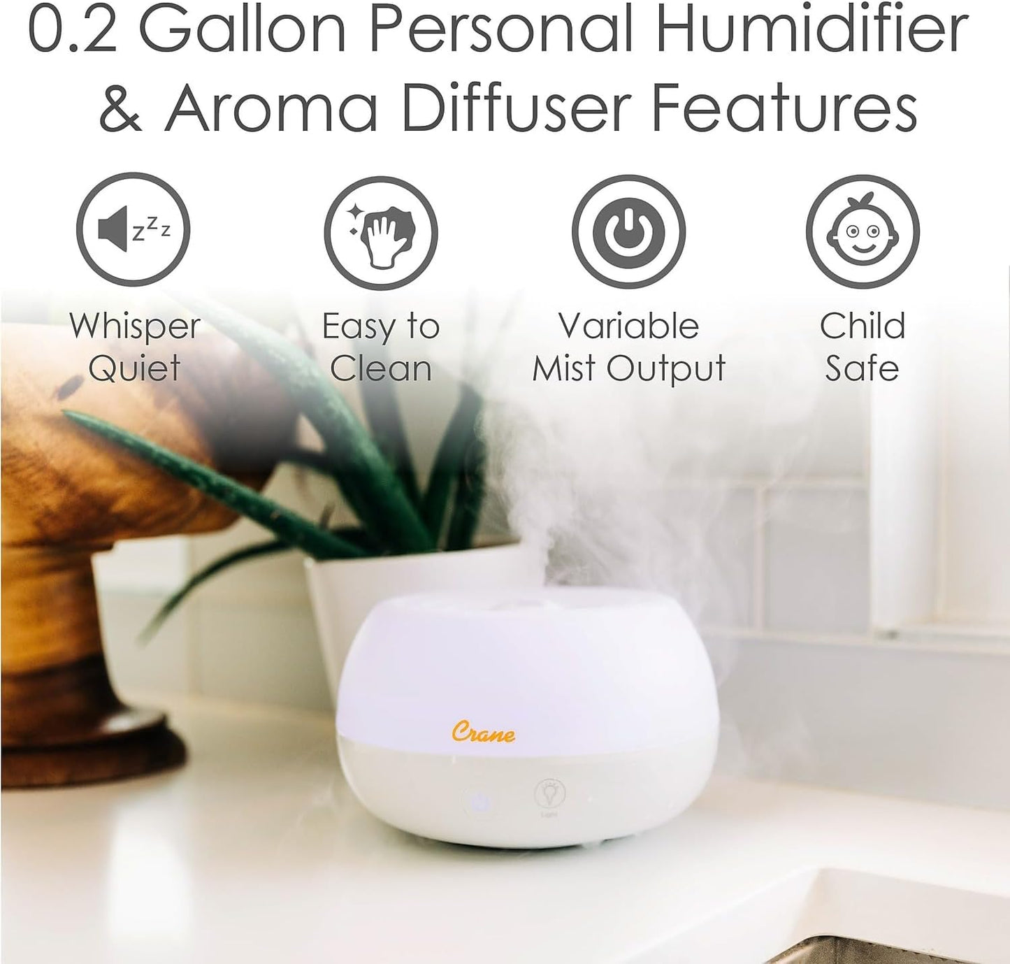 Crane Portable Ultrasonic Travel Humidifier and Diffuser, 0.2 Gallon Cool Mist, Optional Essential Oil Diffuser, No Filter Needed, White