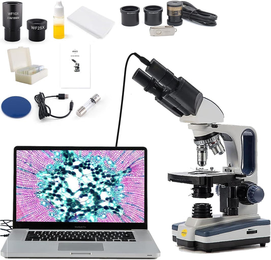 Swift Digital Binocular Compound Microscope 40X-2500X, with 5MP USB Camera, Two-Layer Mechanical Stage and Software Windows and Mac Compatible and Slides,Siedentopf Head,Research-Grade