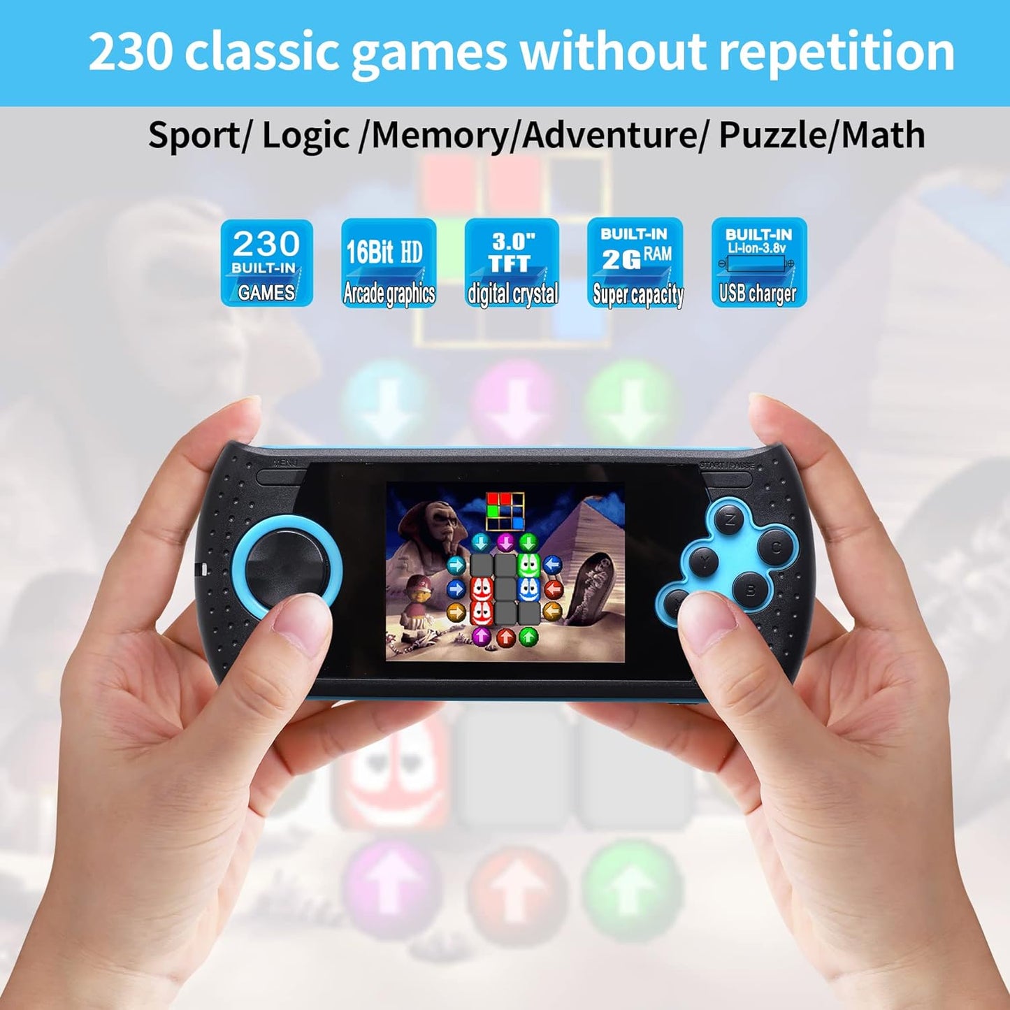 16 Bit Handheld Game for Kids Built-in 230 HD Classic Retro Video Games USB Rechargeable 3.0 Inch Childrens Travel Electronics Toys Portable Gaming Player System Gift for Boys Girls Ages 4-8-12