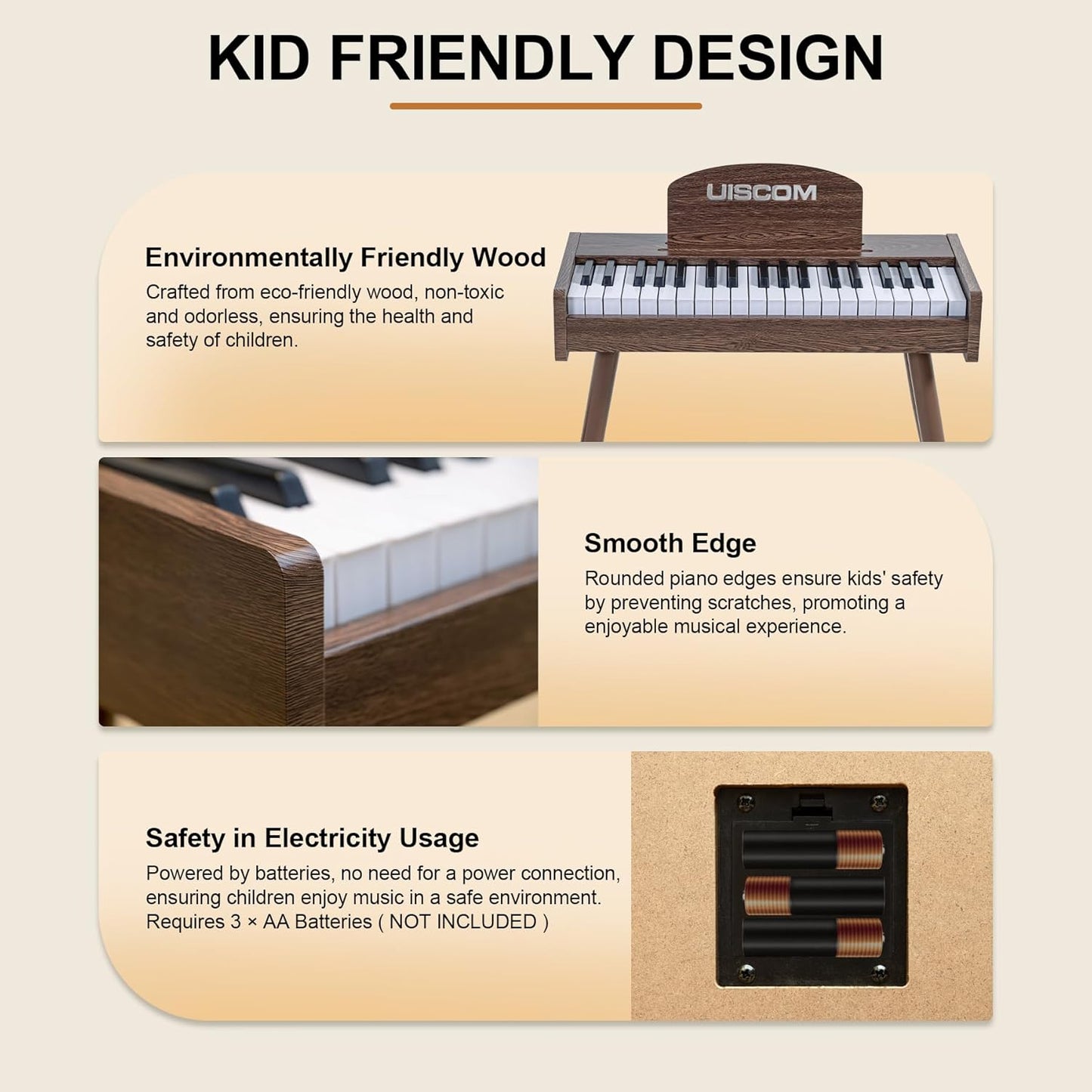 Kids Keyboard Piano, 37 Keys Digital Piano, Toddler Musical Instruments, Wooden Kids Piano with Bench, Toddler Piano for 3+ Girls and Boys, Walnut