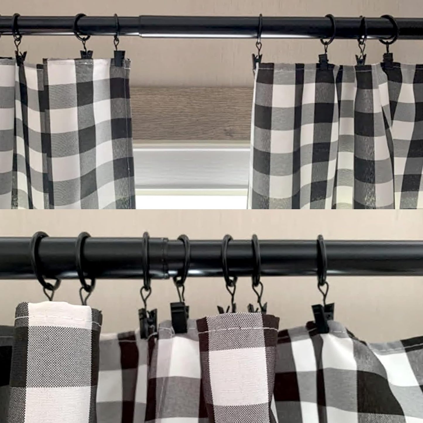 44 Pack Black Curtain Rings with Clips, Curtain Hooks Hangers Clip Rings for Hanging Drapes Bows Hat, Drapery Rings 1 in I D, Fits up to 5/8 in Diameter Curtain Rod.