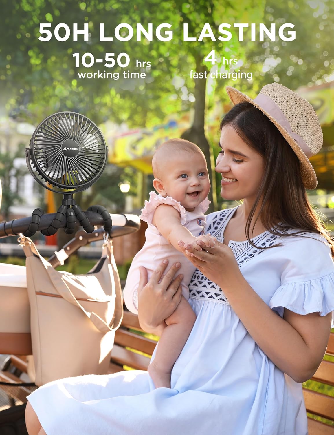 AMACOOL Baby Stroller Fan, 10000mAh Rechargeable, 50H Ultra-long Runtime, 3-Speed Portable Clip on Fan with LED Light, Timer, 360°Rotate Battery Operated Fans for Travel Car Seat Crib