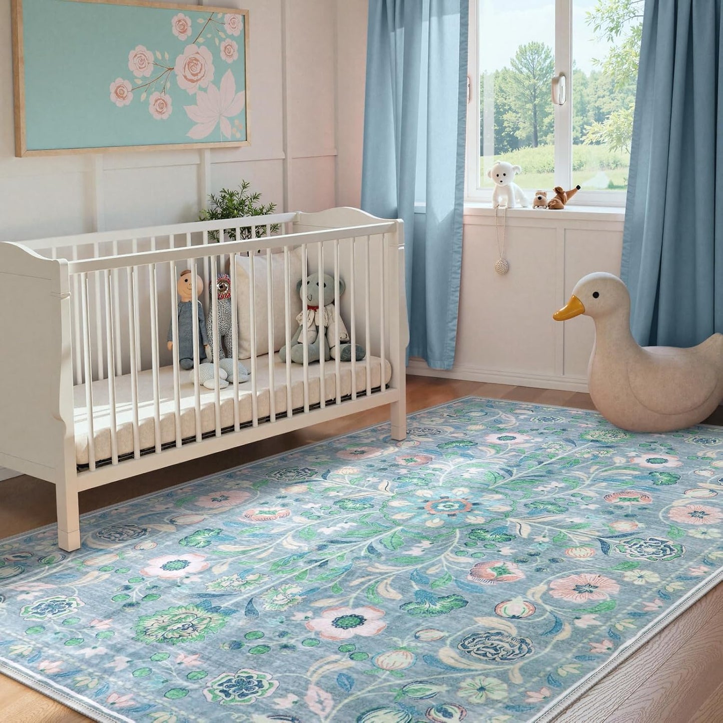 Anidaroel Floral Washable Rugs for Bedroom, 5x7 Boho Area Rugs for Living Room Vintage Distressed Soft Rug, Stain Resistant Non-Slip Throw Rugs Nursery Rugs for Kids Room Dining Room, Blue/Multi