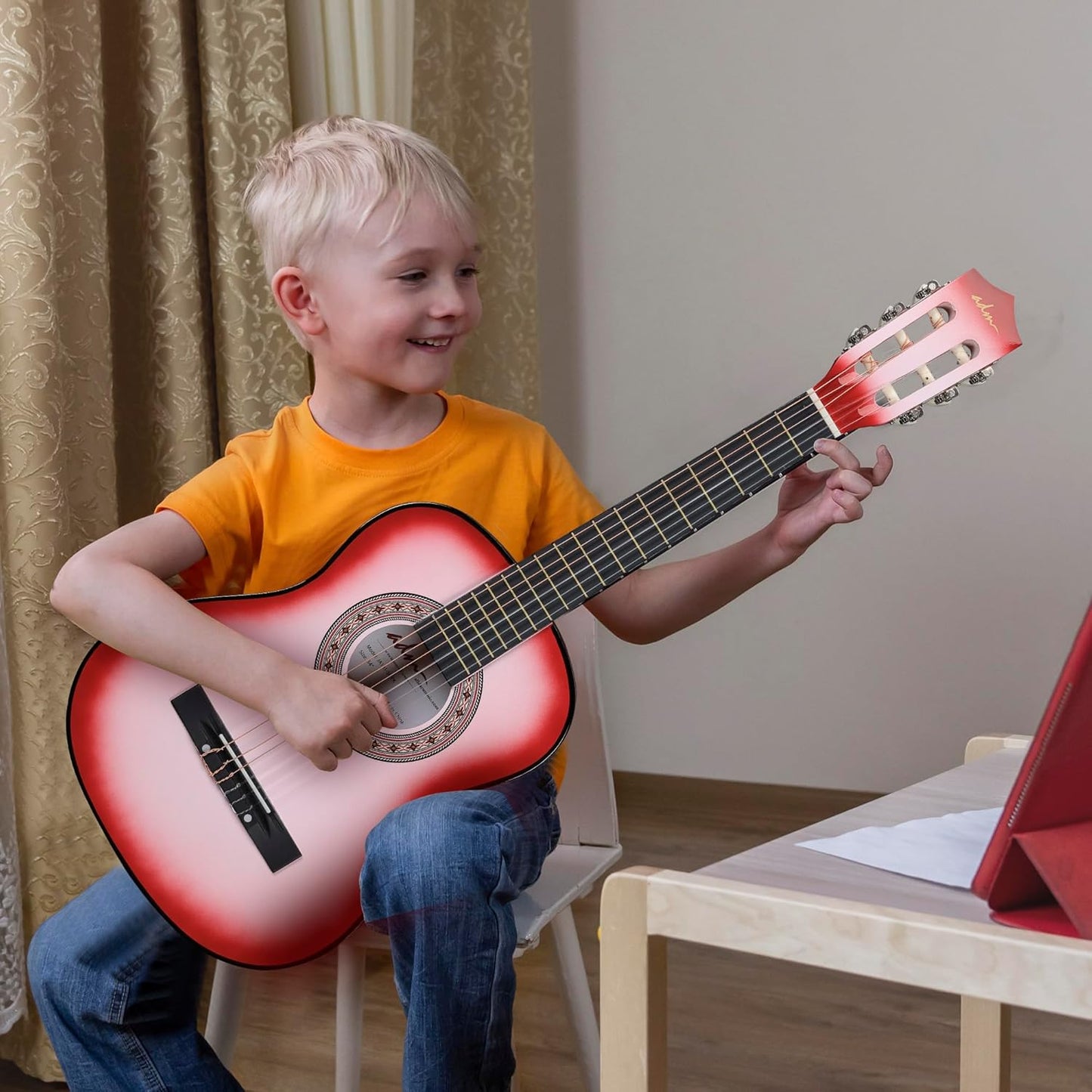 ADM Beginner Acoustic Classical Guitar 34 Inch Nylon Strings Wooden Guitar Bundle Kit for Kid Boy Girl Student Youth Guitarra Online Lessons with Gig Bag, Strap, Tuner, Strings, Picks, Pink