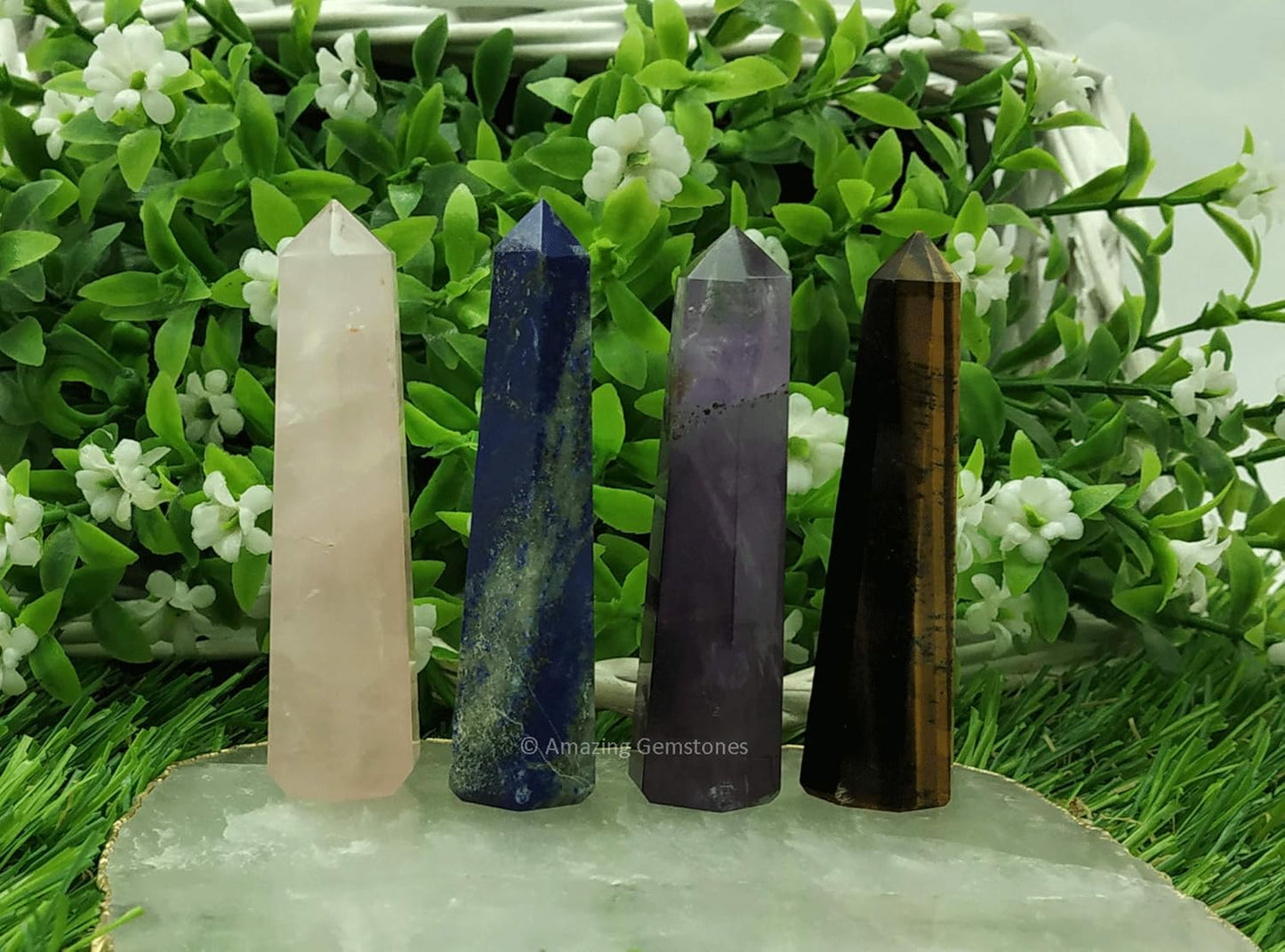 Amazing Gemstone Set of 4 Lapis Lazuli, Tiger Eye, Amethyst, Rose Quartz Crystal Towers - Natural Healing Crystal Point Obelisk for Reiki Healing and Crystal Grid (2 Inch to 3 Inch)