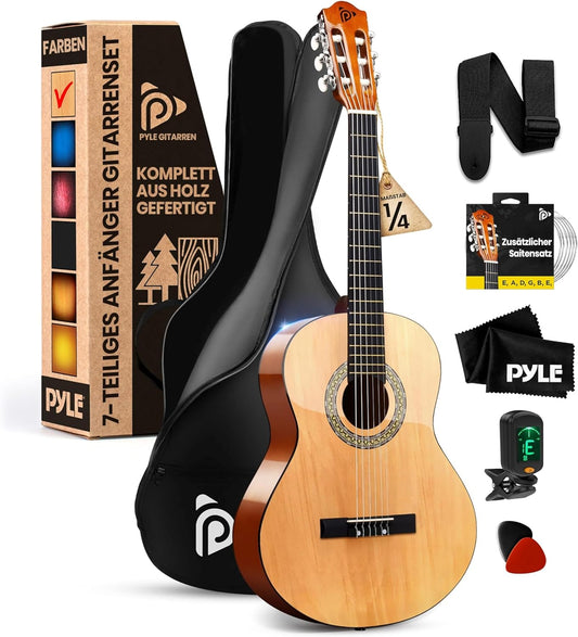 Pyle Beginner 6 String Acoustic Guitar Kit, 1/4 Junior Size Classical Instrument for Students, 30", Right, 1 Natural, Gloss, (PGACLS30)