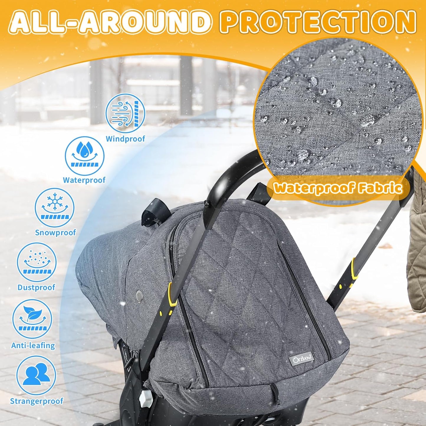 Orzbow Baby Car Seat Cover, Winter Carseat Cover with Zipper Access, Weather & Wind Proof, Side Breathable, Compatible with Doona Car Seats and Strollers, Newborn Essentials Carrier Canopy, Light Grey