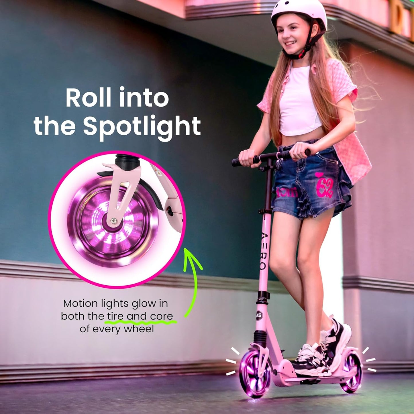 Aero Big Wheels Kick Scooter for Kids 6+, Teens & Adults | Light Up Wheels, Hand Brake, Rubber Deck Mat & Shock Absorption | Foldable & Height Adjustable