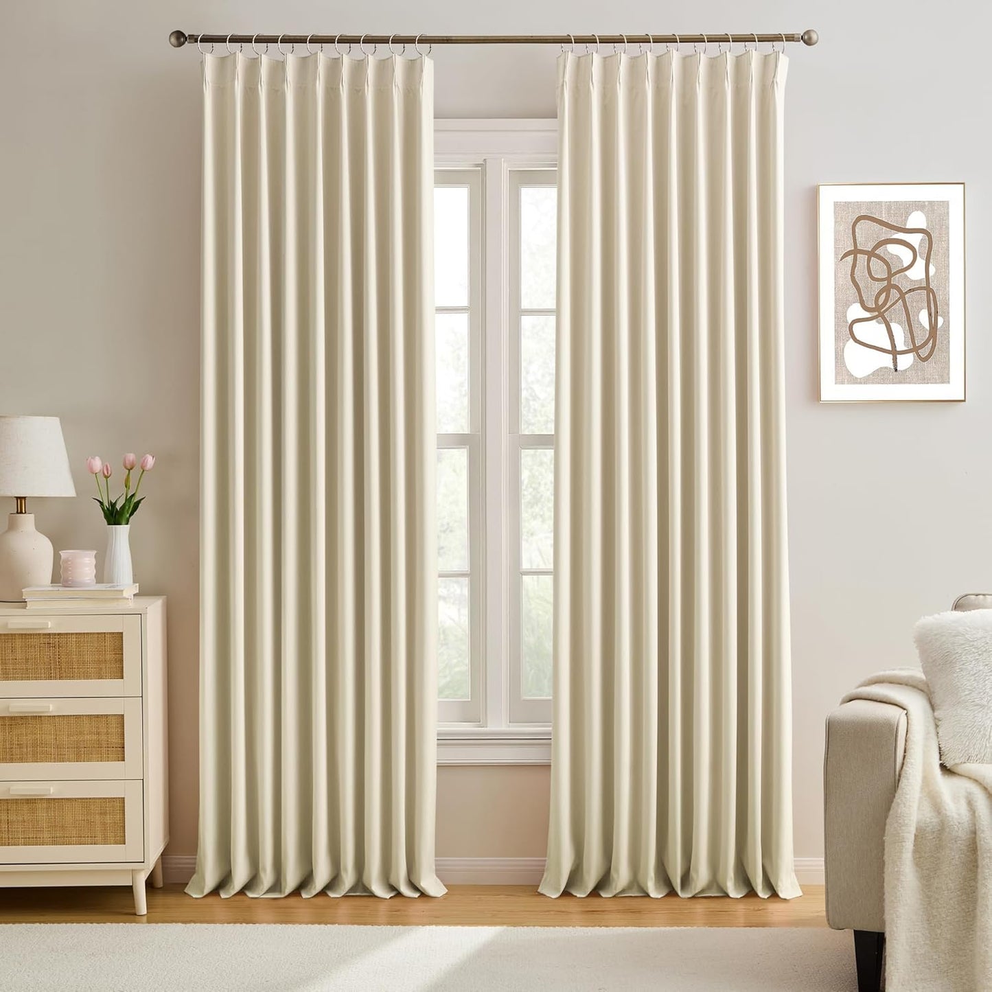 KEQIAOSUOCAI Pleated Room Darkening Privacy Curtains for Windows 102 inch Length - Solid Pinch Pleats Light Reducing Panels for Bedroom Living Room (Cream Beige, 60x102, 2 Panels = 120" Wide)