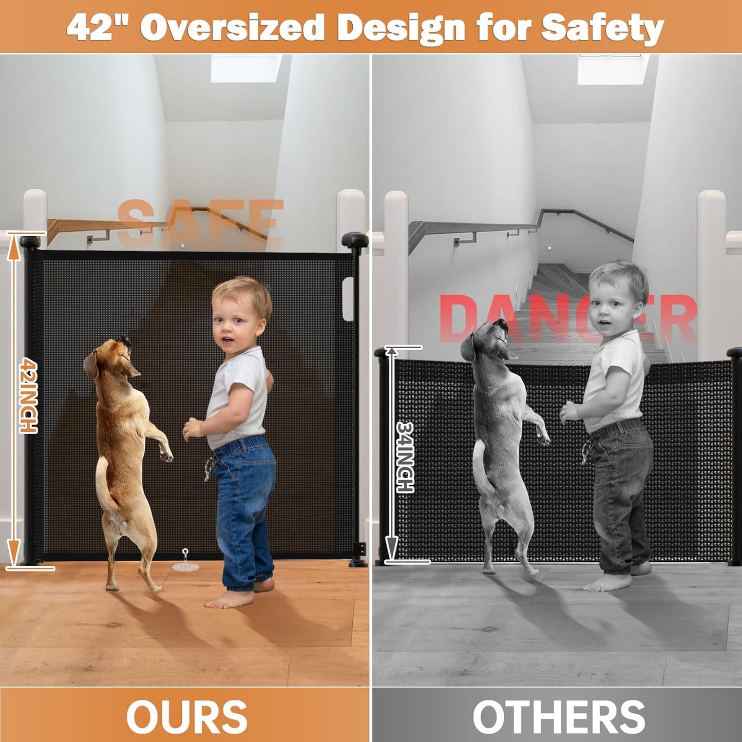 120" Extra Wide Retractable Baby Gates Mesh Gate, Long Retractable Dog Gate for Large Opening, 42" Extra Tall Child Safety Gate Pet Gate with Support Rods for Stairs Hallways Doorways Indoor Outdoor