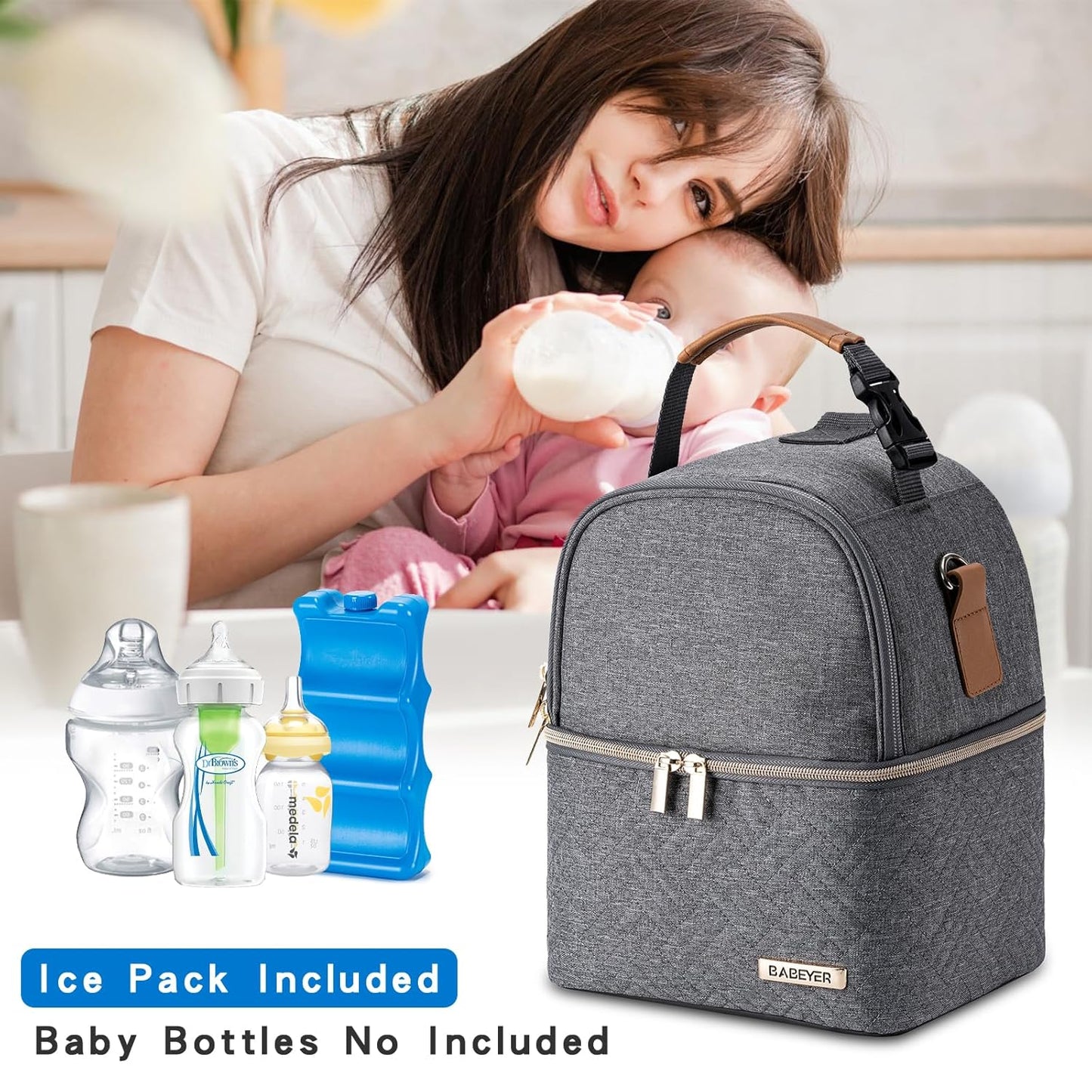 Breastmilk Cooler Bag with Ice Pack Fits 6 Baby Bottles up to 9 Ounce, Breast Milk Pump Cooler Bag with Shoulder Strap for Nursing Mom Daycare, Work, Travel- Dark Grey