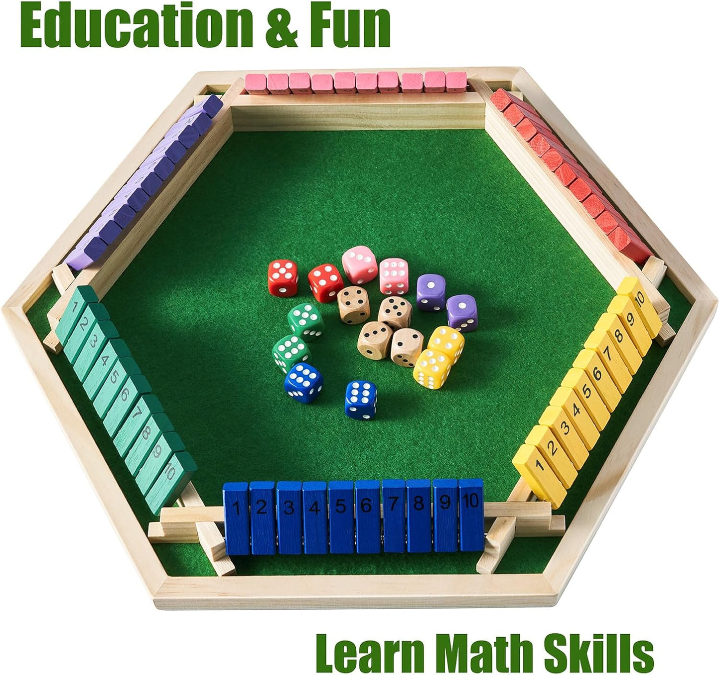 Vamslove Shut The Box Game for 6 Player with 12+4 Dice - Colorful 6 Sided Wooden Board Math Number Games for Kids Adults Families Party Club (Instructions Included)