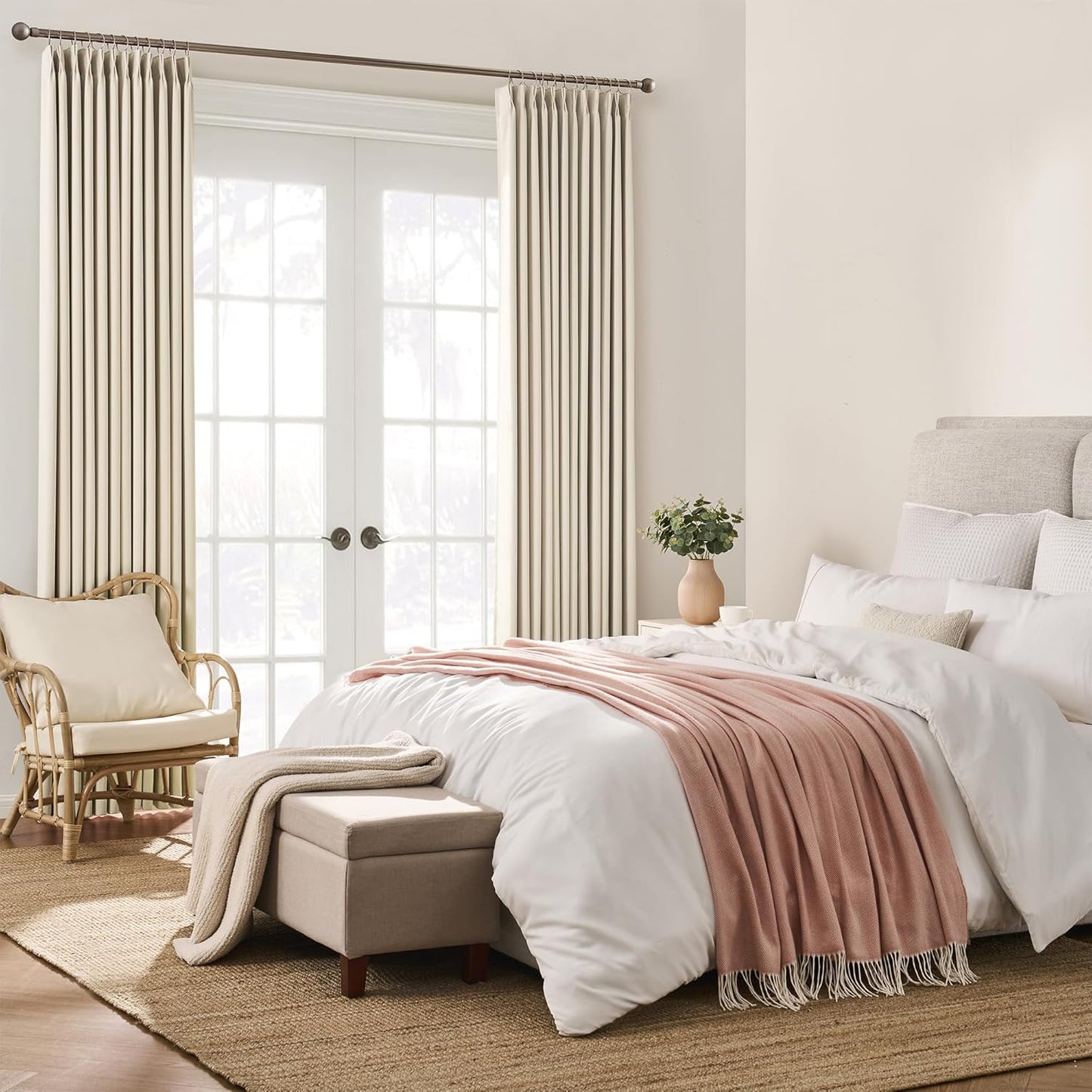 KEQIAOSUOCAI Extra Wide Curtains 100 x 102, Patio Sliding Door Pinch Pleated Blackout Curtains 102 Inches Long 2 Panels Set,100 Inch Wide Vertical Accordion Style Pleated with Hooks, Cream