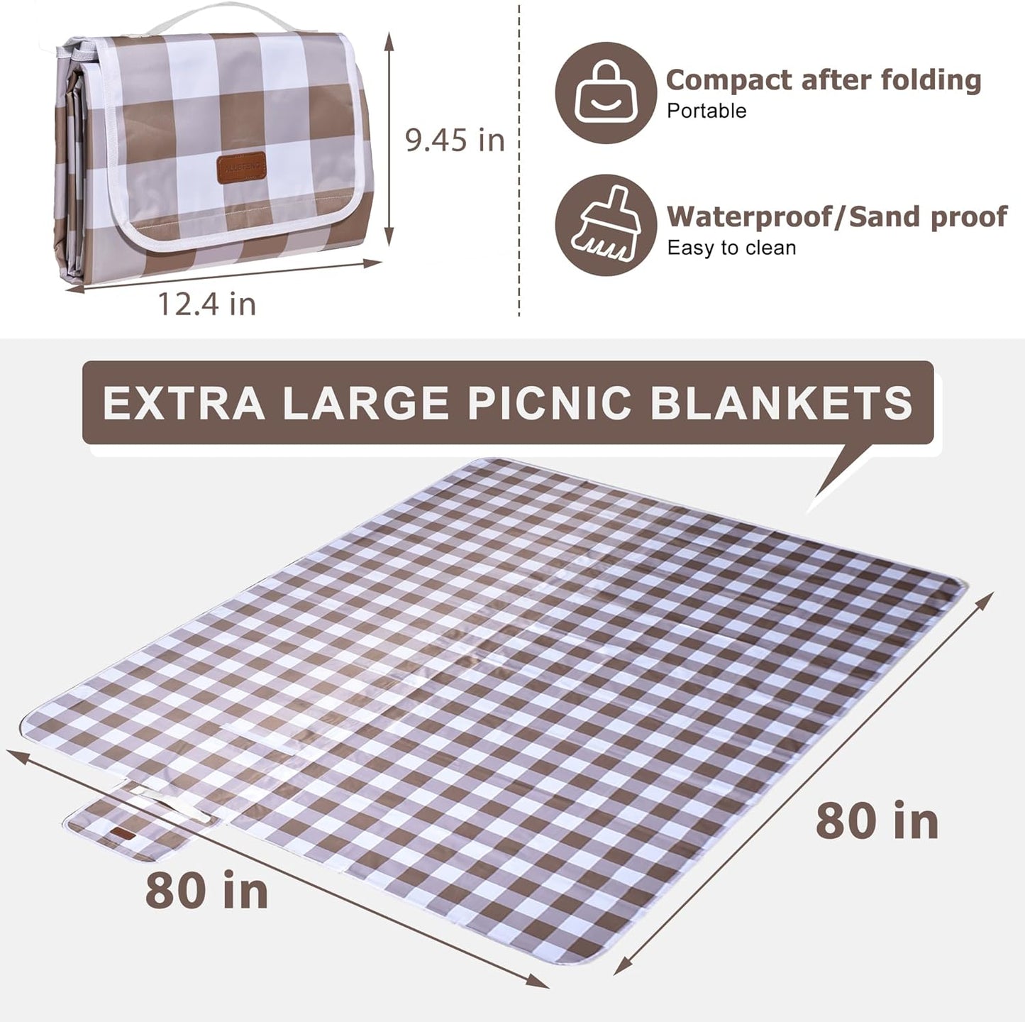 80"x80" Extra Large Waterproof Outdoor Mat - Sandproof Foldable Picnic Blanket for Family Camping, Backyard, Beach Parties - Heavy Duty & Easy Storage (Dark Brown)