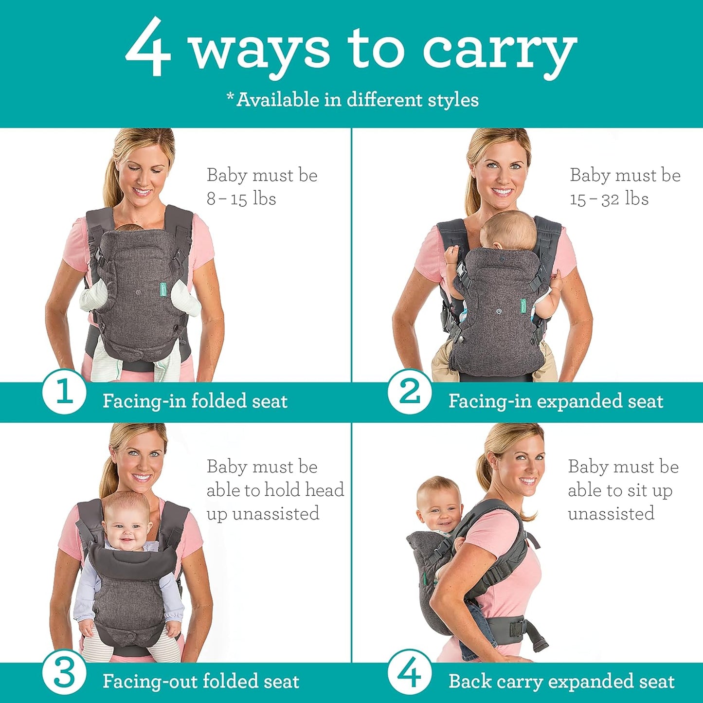 Infantino Flip 4-in-1 Convertible Baby Carrier, Adjustable, Ergonomic Babywearing, Registry Essential, Baby Carrier for Newborn to Toddler, Gray