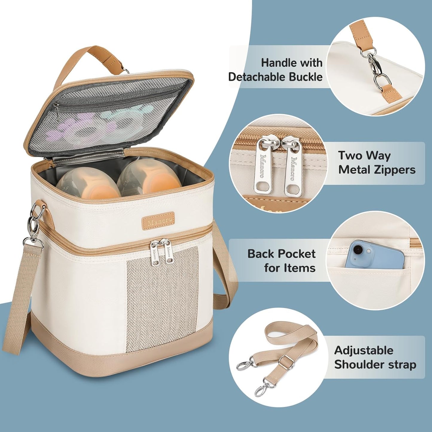 Mancro Breastmilk Cooler Bag with Ice Pack, Double Layer Insulated Baby Bottles Bag Fits 6 Bottles Up to 9 Ounces, Portable Breast Pump Cooler Travel Bag for Daycare and Nursing Moms, Beige