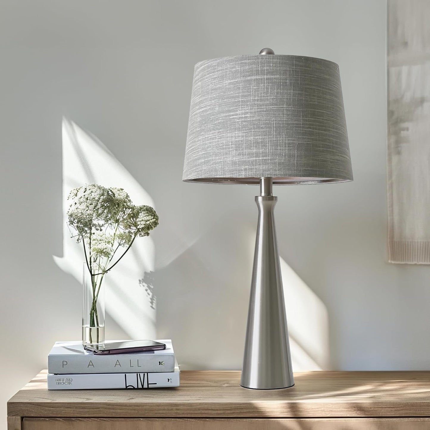 Oneach 25.75" Table Lamps for Living Room Bedroom, Bedside Lamp 3-Way Dimmable Touch Control, Modern Silver Nightstand Light Fabric Shade Vintage Accent Style