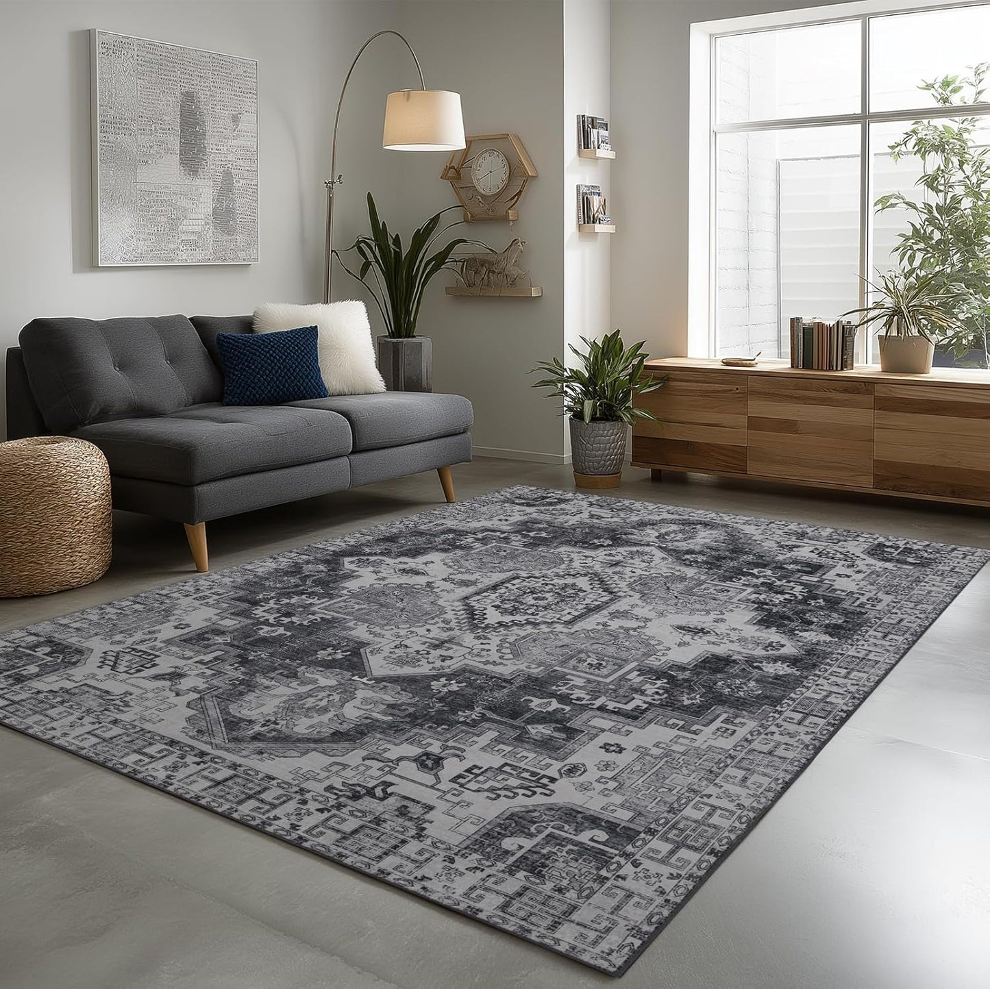 4x6 Washable Area Rug for Living Room, Carpet for Bedroom, Soft Faux Wool Retro Dining Room Rug, Non Slip&Non-Shedding Resistant Low Pile Vintage Print Rug for Home Office (Medium Gray)