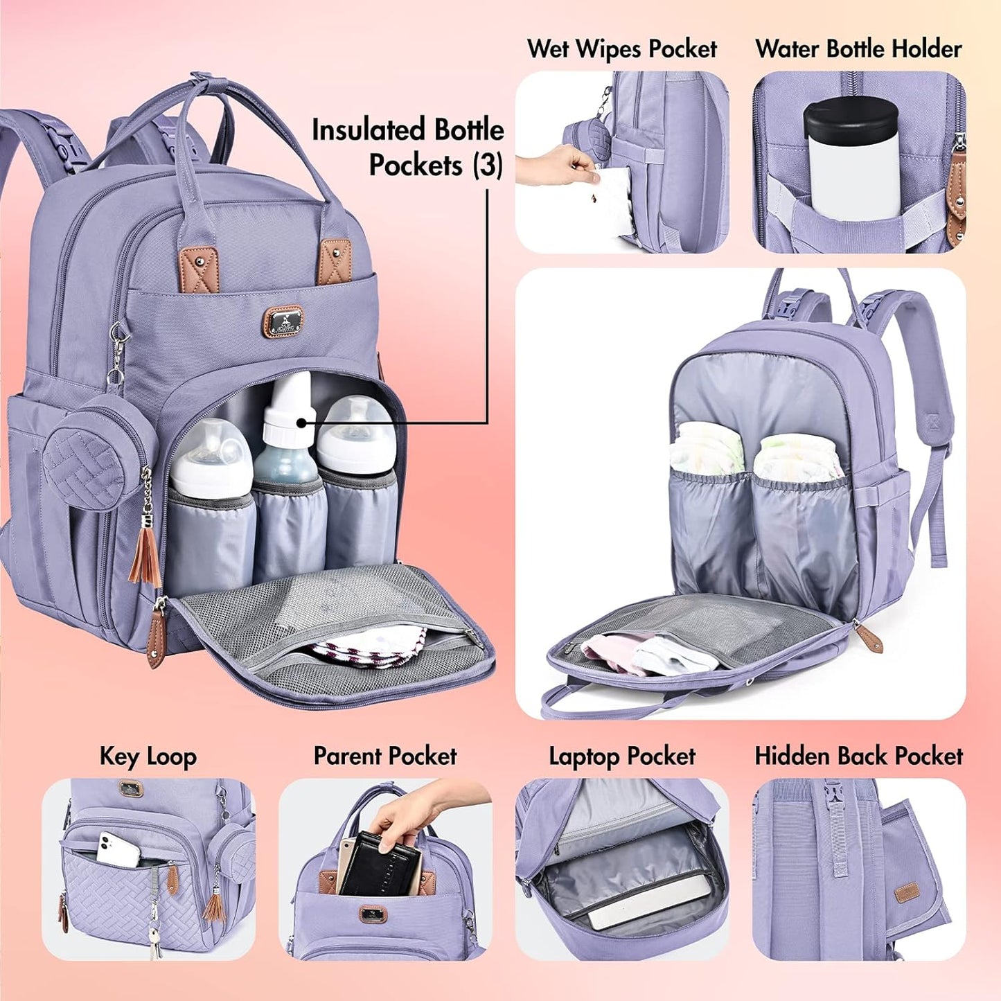 Dikaslon Diaper Bag Backpack with Portable Changing Pad, Pacifier Case and Stroller Straps, Large Unisex Baby Bags for Boys Girls, Multipurpose Travel Back Pack Moms Dads, Taro Purple