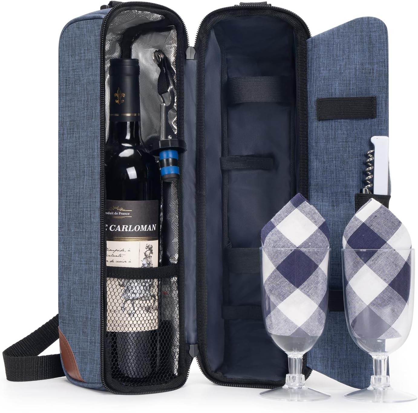 ALLCAMP Wine Bag - Insulated Cooler Bag with Wine Glasses, Bottle Opener & Wine Accessories for Wine Lovers - Portable Wine Gift Bag for Travel, Picnics, and Gift Ideas(Blue)