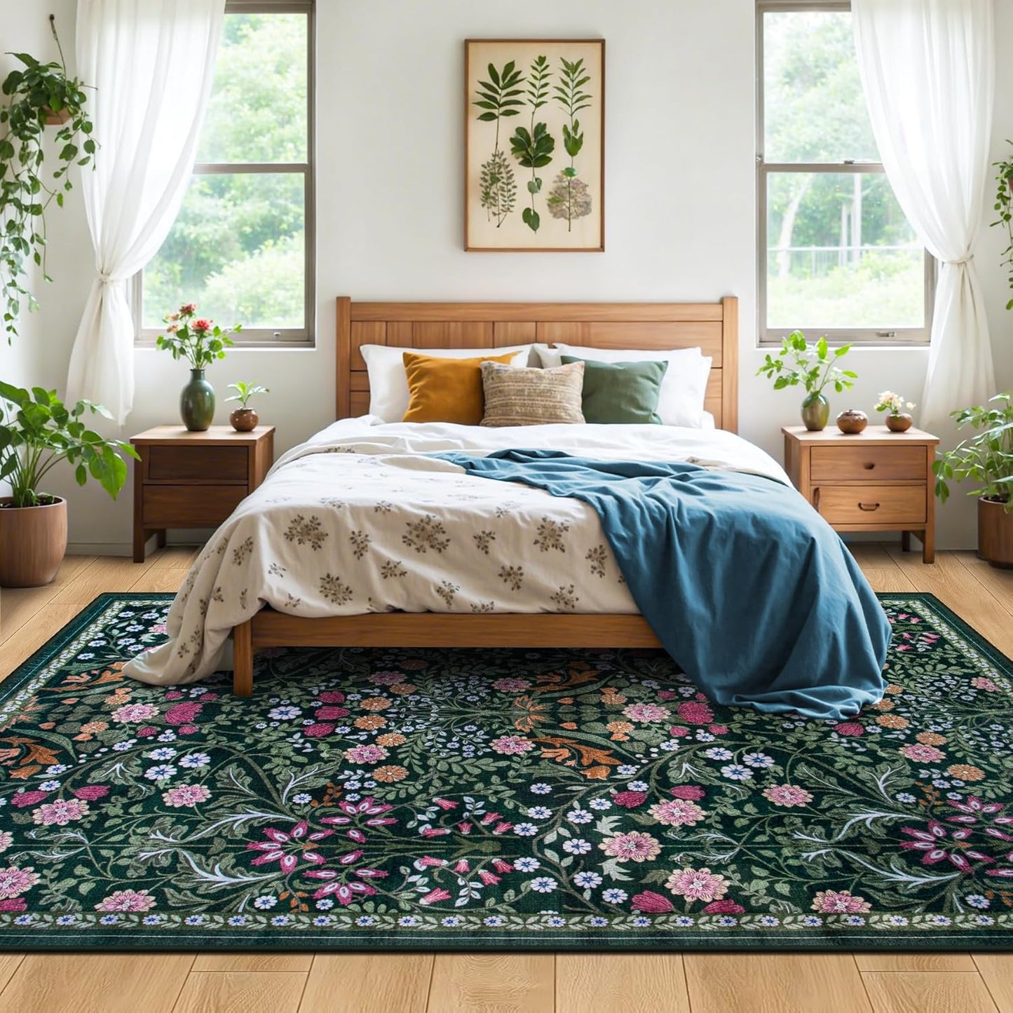 Area Rugs 9x12 Living Room: Floral Washable Rug Vintage Large Soft Boho Non-Slip Carpet Indoor Floor Stain Resistant Low Pile Carpets for Bedroom Dining Room Farmhouse Nursery Home Office Dark Green