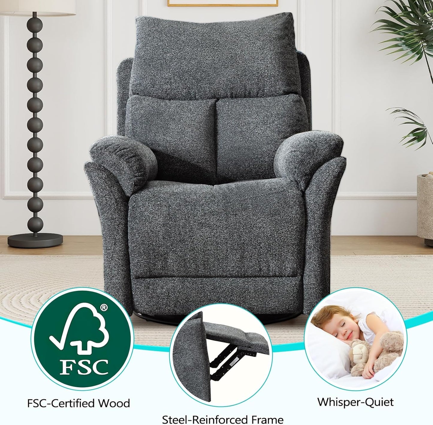 ANJ Swivel Rocker Recliner Chair Nursery, Manual Fabric Small Rocking Recliner, Modern Rocking Reclining Chairs for Living Room, Bedroom, Small Space (Gray)
