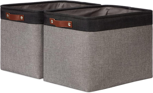 DULLEMELO Storage Bins 16"x12"x12" With Leather Handles for Organizing,Decorative Collapsible Storage Baskets for Shelves Closet Home Office (Black&Grey)