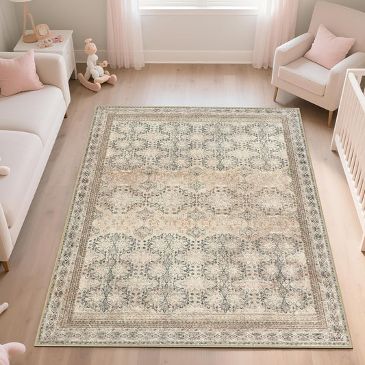 5x7 Washable Area Rug for Living Room Rustic, Non Slip Vintage Floral Bedroom Rugs Retro, Traditional Indoor Floor Carpet for Dining Room, Kitchen, Farmhouse, Office Beige/Pink/Orange