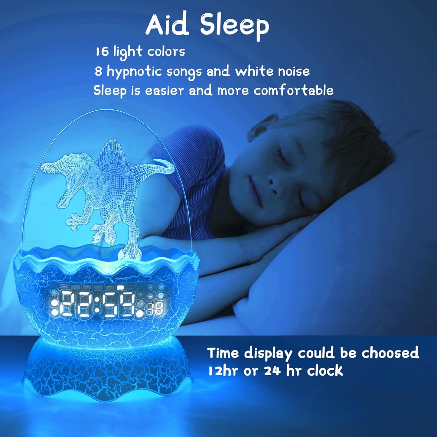 Spinosaurus Alarm Clock/Decorative Lamp/Night Light/Bluetooth Speaker/White Noise Lullaby Machine 4 in1, Remote Control 16 Colors Volume, Creative Gifts for Boys/Girls/Adult