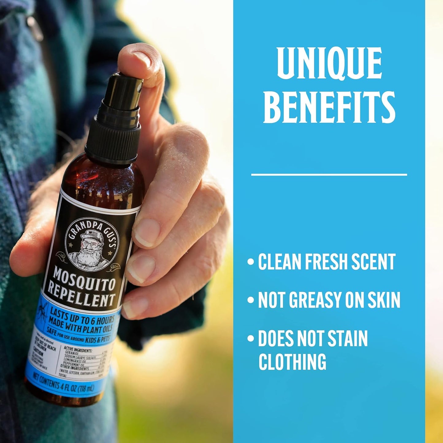 Grandpa Gus's Natural Mosquito Repellent Spray, Time-Release Plant-Based Actives, Non-Greasy, No Stains, DEET-Free, 4 oz (Pack of 2)