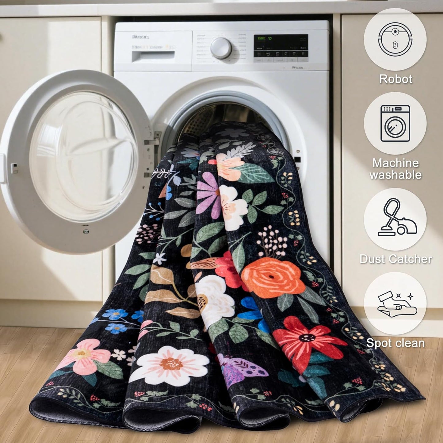 6x9 Area Rugs for Living Room: Floral Washable Rug Vintage Large Soft Boho Non-Slip Carpet Indoor Floor Stain Resistant Thin Carpets for Bedroom Dining Room Farmhouse Nursery Hallway Home Office Black